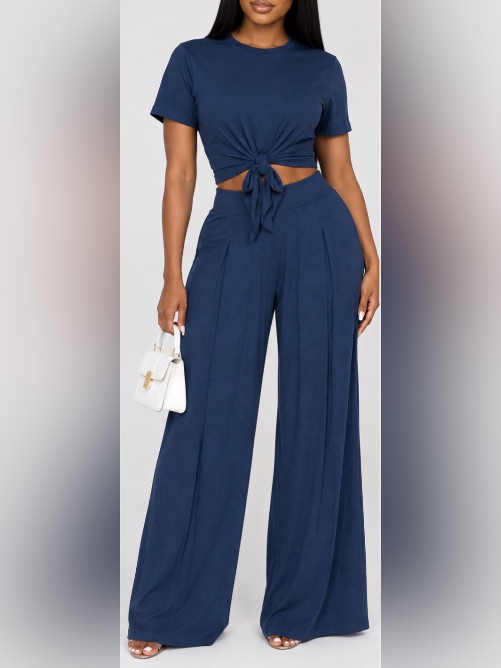 High-Rise Wide Leg Pants set in Navy Blue